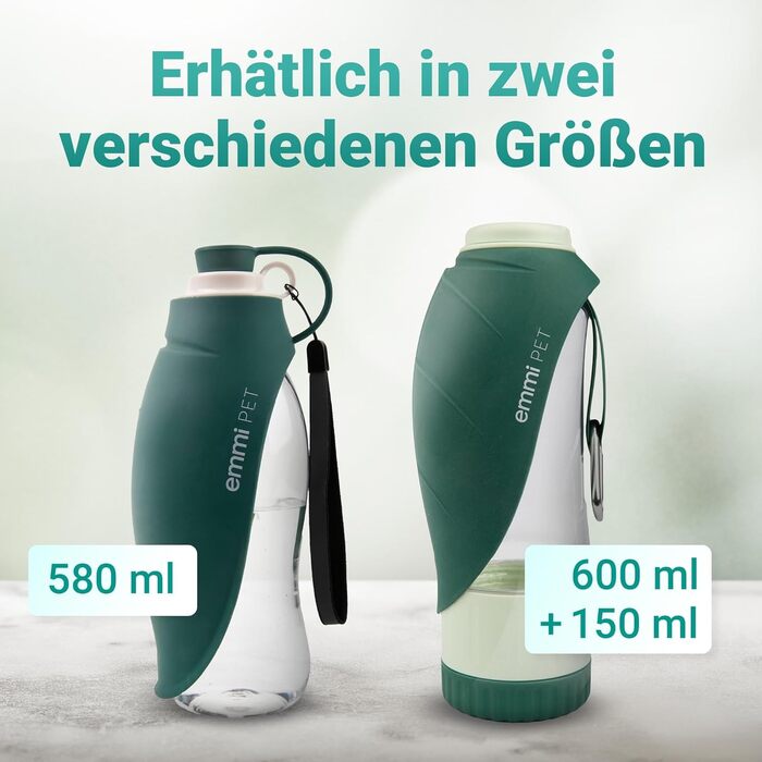 Турбувачка для собак Emmi-pet 600 мл з контейнером для корму 150 мл – портативна пляшка для води та їжі для собак, ідеальна для подорожей, прогулянок та активного відпочинку. Гігієнічна, легка в очищенні. Аксесуар для собак. Зелений колір, 580 мл