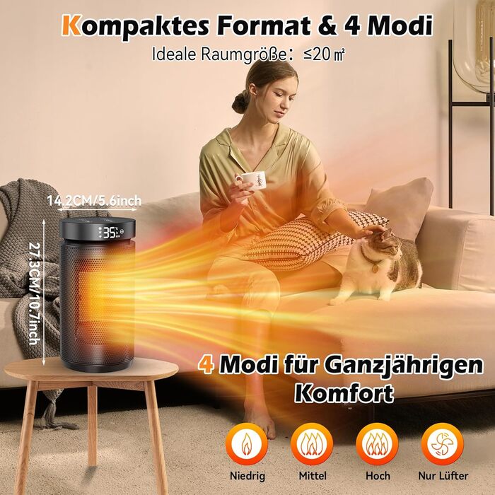 Електричний обігрівач PTC керамічний 2200W з пультом дистанційного керування, 4 режими, таймер 12H, термостат, ECO-режим, осциляція 70°, захист від перегріву та перекидання, для дому та офісу (чорний, 27см)