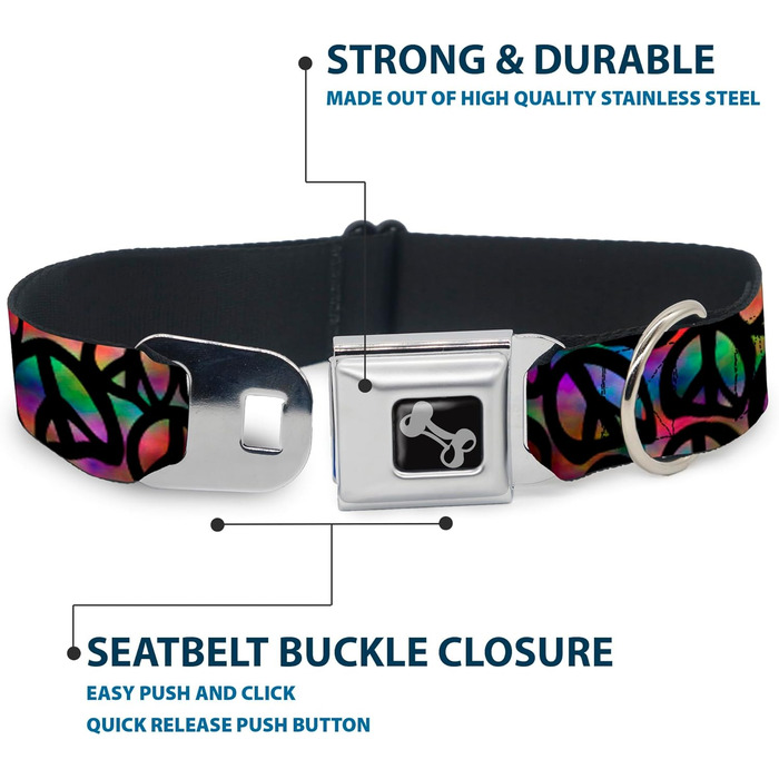 Нашийник для собак Buckle-Down Peace Psychedelic - 1' (2.5 см) ширина, обхват шиї 38-66 см, великий, багатокольоровий