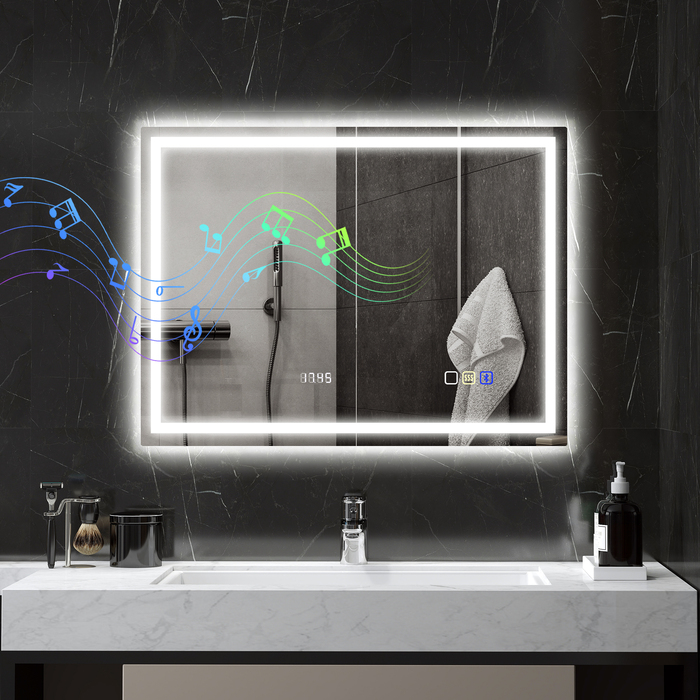 Дзеркало для ванної кімнати HOMCOM з підсвіткою 80x60 см, LED, з Bluetooth, функцією пам'яті, годинником, 3 кольорами світла, запобігає запотіванню, сенсорне управління, сріблястий | Aosom