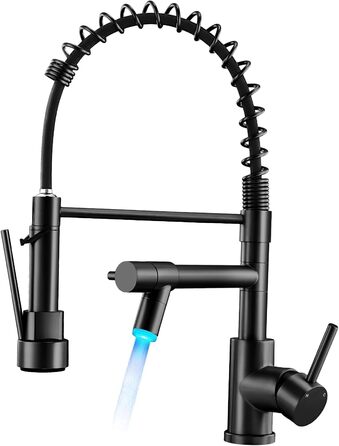 LED кухонний змішувач Warmiehomy з поворотним виливом 360°, 2 виходи, високий вигин, спіральна пружина, чорний