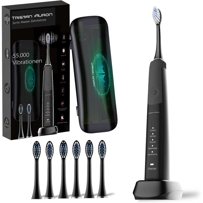 Електрична зубна щітка Tristan Auron SonicMaster - 55 000 вібрацій, 5 режимів, 60 днів акумулятора, UV-стерилізатор, 6 насадок, чорний колір