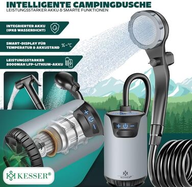 Соняшний душ KESSER® для кемпінгу з насосом та акумулятором 8000mAh. Комплект включає: регульований душ, шланг 2м, пістолет-розпилювач та кріплення. Без бака. Срібно-чорний колір.
