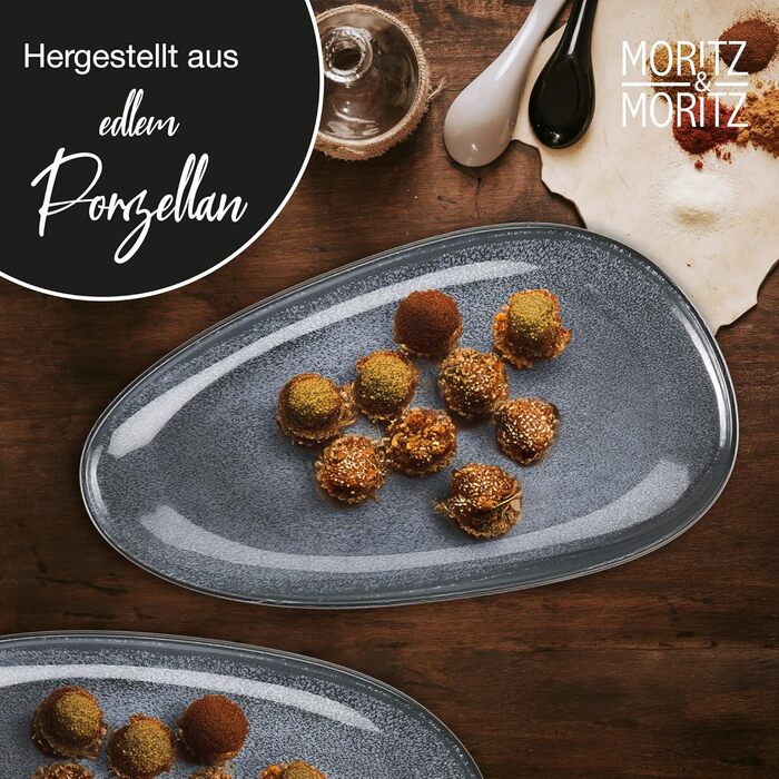 Набір сервіровочних тарілок Moritz & Moritz VIDA, блакитний (2 шт.) - великі тарілки з якісного порцеляну, сучасний дизайн, підходить для мікрохвильової печі та посудомийної машини, ідеально для салатів, м'яса на грилі, закусок та іншого