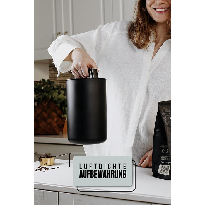 Контейнер для кави KC Kitchen & Co. – герметичний, 1700 мл, нержавіюча сталь, вакуумний клапан, для кави, чаю, цукру, мюслі, матовий чорний