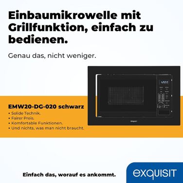 Вбудована мікрохвильова піч Exquisit EMW20-DG-020 | 800 Вт, 1000 Вт гриль, 8 програм, діаметр 27 см, нержавіюча сталь, чорний, цифровий дисплей