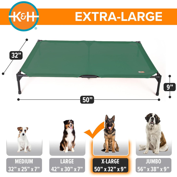 K&H Pet Products Elevated Outdoor Dog Bed, Breathable, Cooling, Elevated Cot, Hammock for Large Dogs, Washable Mesh Cover, Elevated Metal Frame, Foldable, (L 127 x W 81 x H 23 cm)