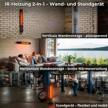 Інфрачервовий обігрівач Climative 2500W – електричний обігрівач з 9 рівнями, IP65 для тераси та приміщення, настінний, з пультом та таймером, чорний