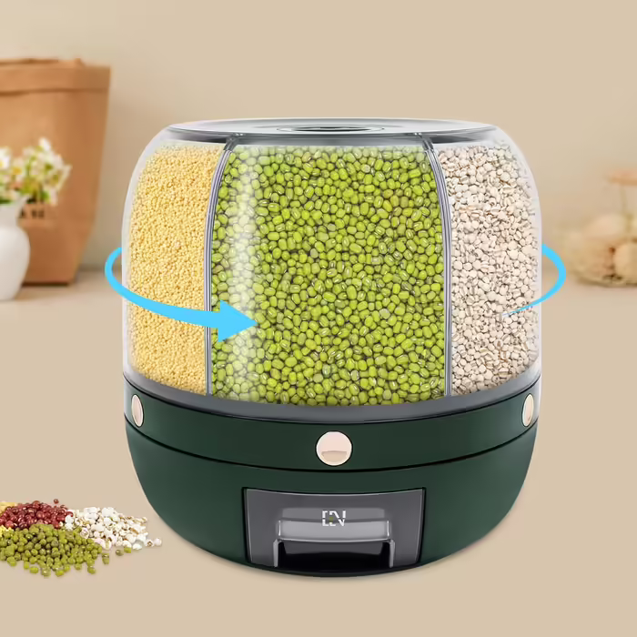 Rotating Dry Food Storage Container with 6 Compartments, Cereal Storage Container, Countertop, 6 kg Grain Organizer and Dispenser, Round, 360-degree Rotating Food Dispenser for