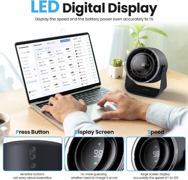 Вентилятор WSKEN з акумулятором - турбо режим, цифровий дисплей, 100 швидкостей, портативний настільний вентилятор, 115° обертання, потужний потік повітря, тиха робота, міні вентилятор для офісу, на вулицю, блакитний/чорний