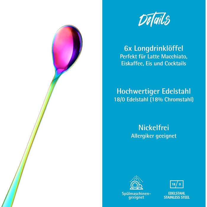 Ложка для Еспресо та Латте-Макіято Gräwe з нержавіючої сталі, довга, для кави, десертів та холодного чаю, миється в посудомийній машині, кольори (Райдуга)