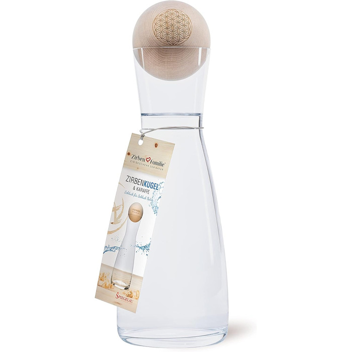 Zirben Familie® The Original ZirbenKugel Set Water Carafe | Imparts a special touch to your water | 1 Liter SPIEGELAU carafe made of crystal glass with a Swiss stone pine wood lid | Flower of Life Edition