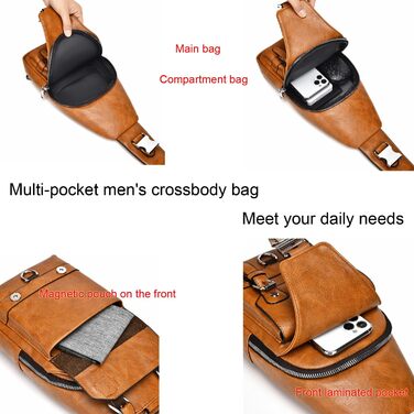 Чоловіча нагрудна сумка через плече з PU-шкіри, водонепроникна, світло-коричнева