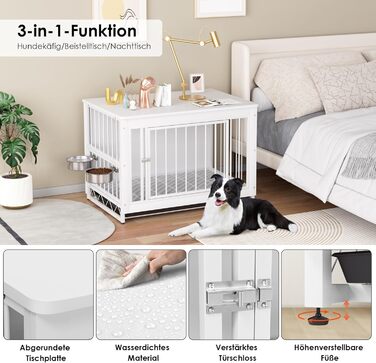 Клітка для собак для дому, дерев'яна собача будка 93x64x58 см, біла. Знімний піддон, 2 годівниці, двері. Для собак середніх та маленьких порід до 40 кг