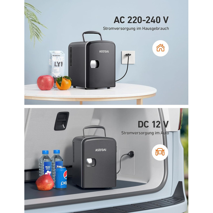 Міні-холодильник AstroAI, 4 літри, 6 банок, для авто, офісу, кімнати, косметики, 220V/12V, чорний