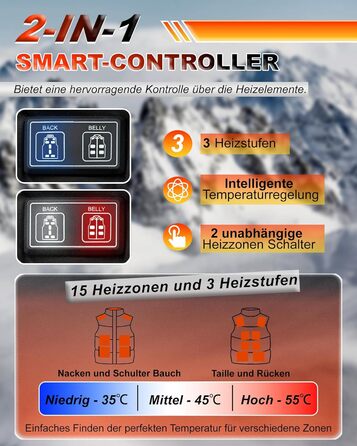 Електрична гріюча жилетка для чоловіків та жінок з 15 зонами нагріву - 3 режими температури, для активного відпочинку, катання на лижах, полювання, кемпінгу (без акумулятора), чорна, XXL