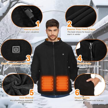 Обогревна куртка TOUVE з 5 зонами підігріву, регулюванням температури, Polar Fleece, для жінок та чоловіків, чорний (2025)