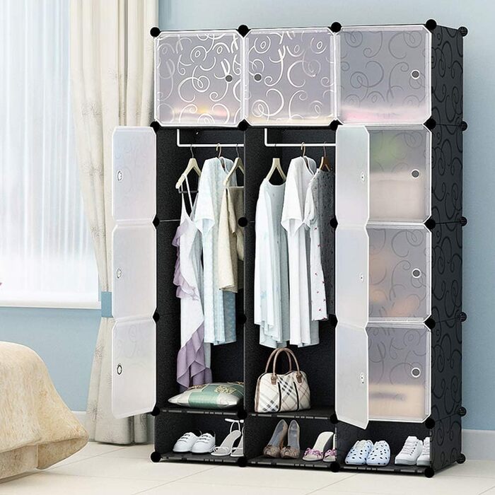 DIY Closet Shelf System, 16 Cubes, Wardrobe Closet, Open Closet, Plastic Wardrobe with Doors, Wardrobe Cabinet, Black, 180 x 142 x 37CM