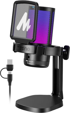MAONO DGM20 Чорний USB Мікрофон для Ігор з Поп-фільтром та Керуванням Гучності - для Стрімінгу, Подкастів, Twitch, YouTube, Discord, PC, Mac, PS4/PS5