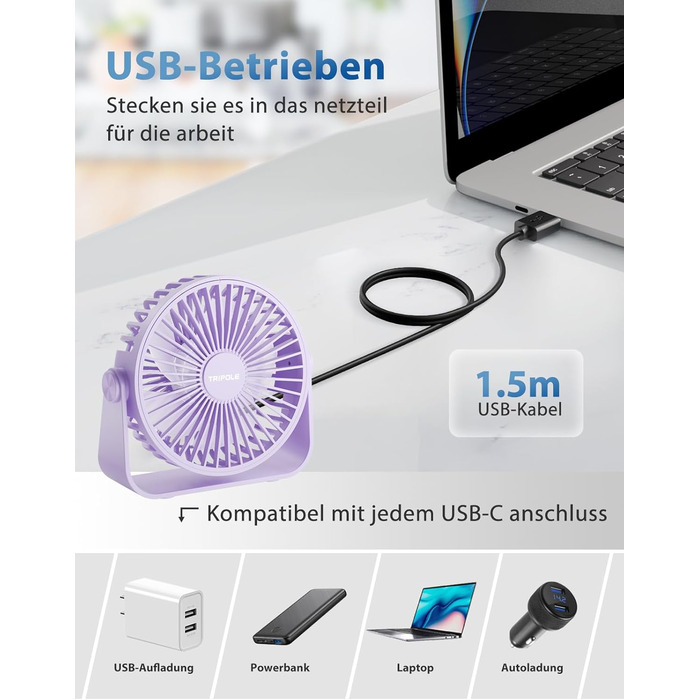 USB-настільний вентилятор TriPole: 3 швидкості, регульований, сильний потік повітря, 360° оберт, кабель 1,5 м, портативний міні-вентилятор (фіолетовий)