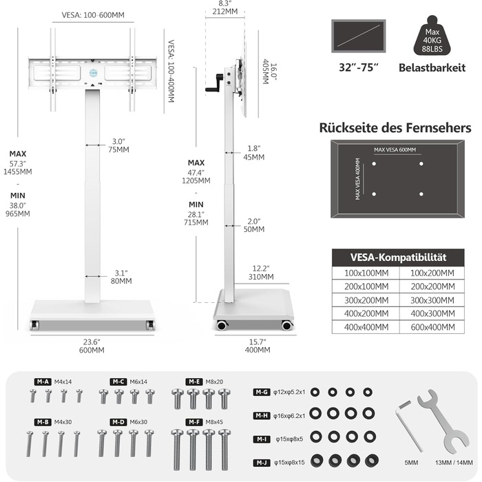 FITUEYES Rolling TV Stand - Mobile TV Cart for 32-75 inch Plasma/LCD/LED TVs - Adjustable Height, Swivel ±30°, Tilt 10°-40° - VESA 600x400mm - White
