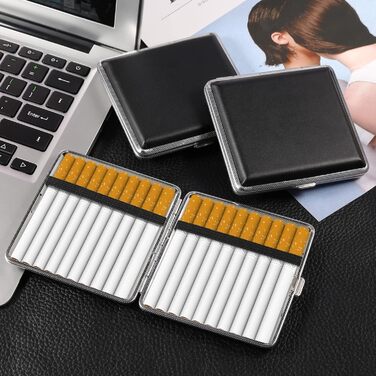 Чохол для сигарет зі шкіри та металу (3 шт., чорний) - 20 сигарет, з застібкою, 10 x 9.5 x 1.9 см