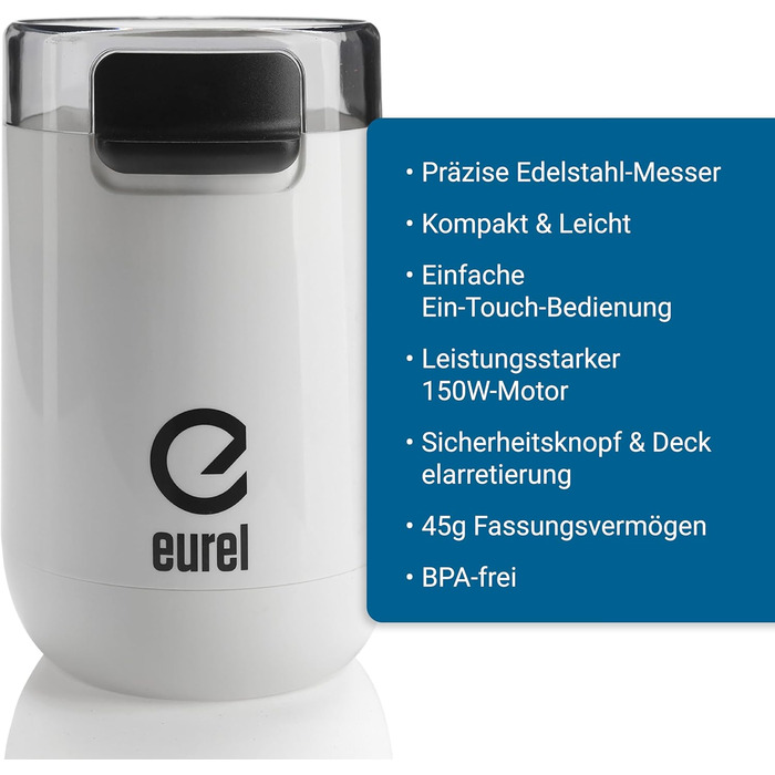 Електрична кавомолка EUREL KMA з нержавіючою сталею, змінний помел, 45г, білий колір