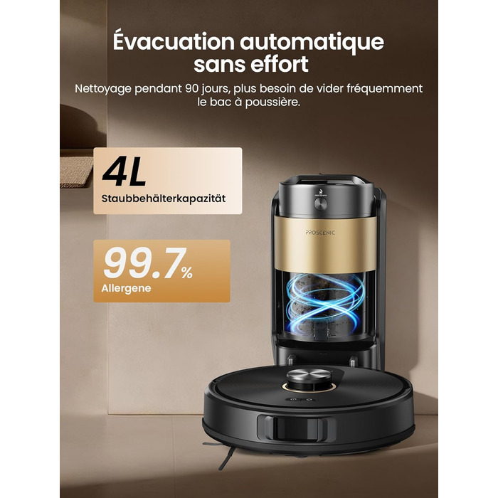 Робот-пилосос Proscenic Q20Plus з функцією миття, 10000Pa, 200хв, бездротовий, з автоматичним випорожненням, 3-в-1 для шерсті тварин, килимів та твердих поверхонь, чорний