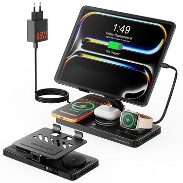 Зарядна станція GEEKERA 4-в-1 для Apple: магнітне індуктивне зарядне для iPhone, iPad, Apple Watch та AirPods, вбудований кабель, металевий чорний
