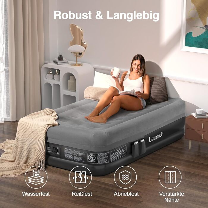 Надувне ліжко Lewondr для 2 осіб з вбудованим насосом, комфортна надувна матрац, самонадувна, для кемпінгу, дому, гостей, подорожей (300 кг MAX), (191x99x46 см, сірий)
