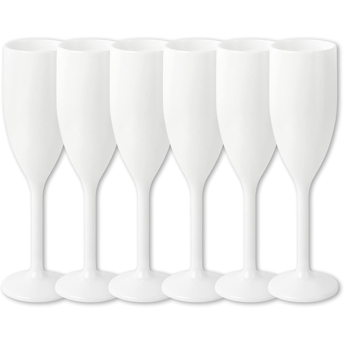 Schramm® Reusable Champagne Flutes in white, available in sets of 6, 12, 24, or 48 pieces. 150 ml capacity. Champagne glasses, sparkling wine flutes, sparkling wine goblets, stemware. Champagne glasses, capacity: 6 pieces