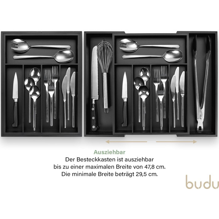 Органайзер для кухонних шухляд Besteckkasten #47 (глибина 47 см) з бамбука - чорний, висувний, для порядку в кухні