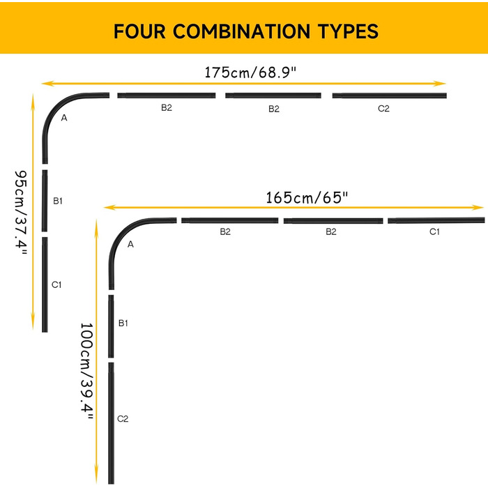 Штанга для душу L-подібної форми, регульована, 75-170 см, нержавіюча сталь, кут, чорний колір, з кільцями для душу, для ванної кімнати, ванни, роздягальні