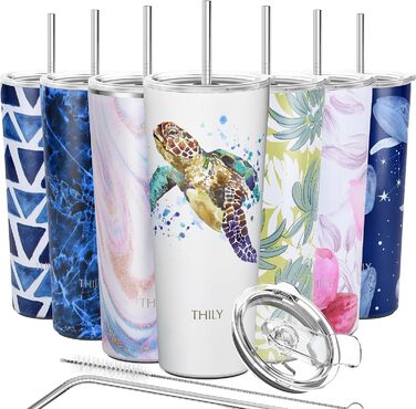 Термос THILY 780 мл з нержавіючої сталі, 2 шт. (Золотий мармур + Синій мармур) – ізольований, з кришкою, для кави та напоїв