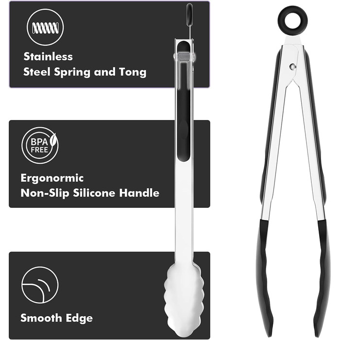 ChefAide Set with 2 Kitchen Tongs, 18/8 Stainless Steel and Silicone Rubber Handles with 600°F High Heat Resistance, Kitchen Utensils, Cooking Utensils for Grilling, Salad, BBQ, Roasting, Baking, Serving, 9/12