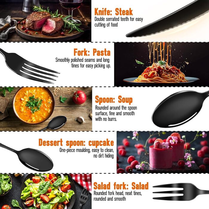 Набір столових приборів Fanticde на 4 особи (20 предметів), чорний матовий, нержавіюча сталь, для щоденного використання, стійкий до миття в посудомийній машині