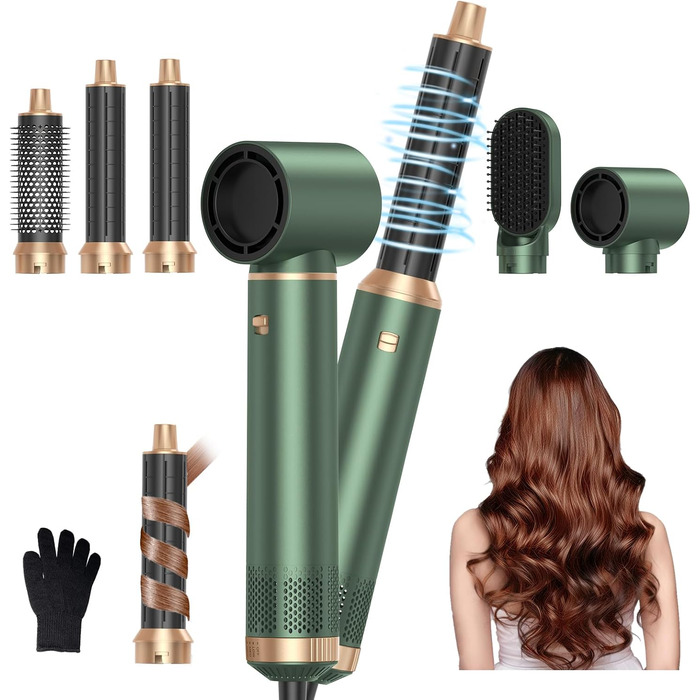 Набір для укладки волосся 5 в 1: фен, плойка, брашинг, термощітка, для створення об'єму, локонів та випрямлення. Зелений колір