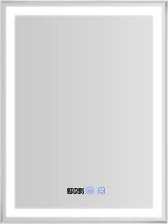 Дзеркало YOURLITE з підсвічуванням, 70x50 см, LED дзеркало для ванної кімнати з сенсорним вимикачем, годинником, 3 кольори світла, регулювання яскравості, запобігання запотіванню, пам'ять налаштувань, срібло