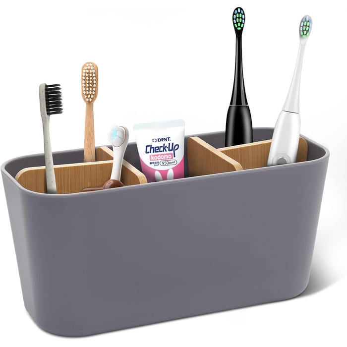 Тримач для зубних щіток з бамбуковими перегородками, сірий. Організатор для зубних щіток та пасти (4 щітки + 1 для пасти)