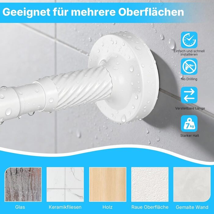 Штанга для карнизів без свердління, 100-230 см, регульована телескопічна штанга для душу, вікна та балкону (діаметр 25 мм, білий)