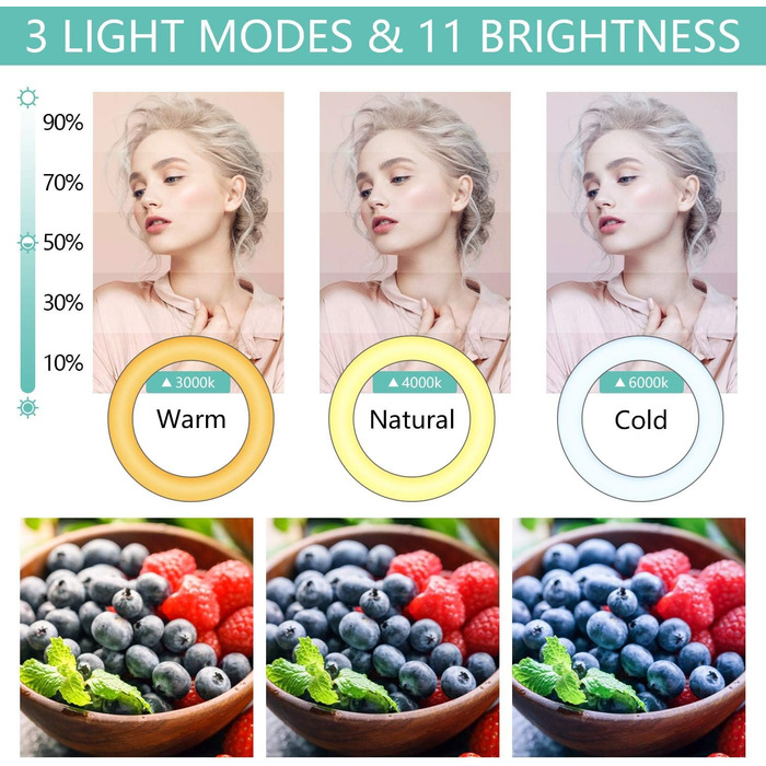 LED кільцева лампа з штативом для телефону 26 см (10 дюймів) - 3 режими світла, 11 рівнів яскравості, регульована, для селфі, макіяжу, стрімінгу