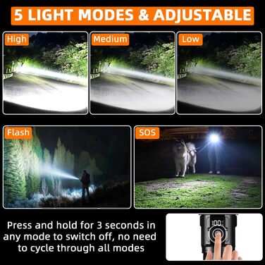 LED ліхтарик на акумуляторі, надзвичайно яскравий 1200000 люмен, з функцією зуму, тактичний, з 5 режимами світла, водонепроникний IP67, для кемпінгу, риболовлі, походів, активного відпочинку, чорний