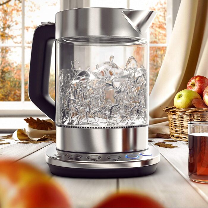 Електричний чайник Arendo з регулюванням температури, підтриманням тепла 30 хв, об'єм 1,5 л, скло Borosilikat, база з нержавіючої сталі, сучасний дизайн