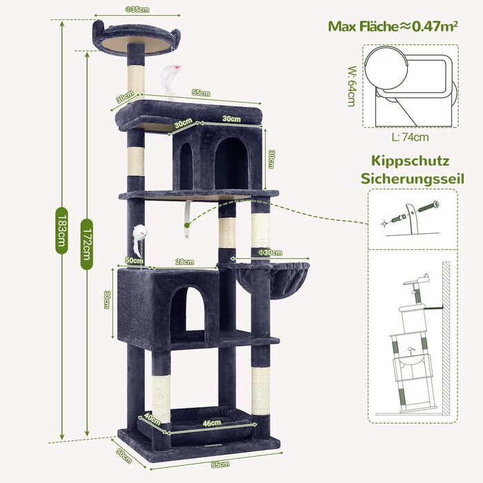 Драбина-будинок для котів Globlazer XXL, 183 см, сірий, для великих порід (Maine Coon, British Shorthair)