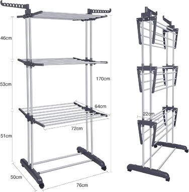 Bigzzia Clothes Rack Foldable 3 Tiers Stainless Steel Clothes Dryer Drying Rack with Two Side Wings Grey