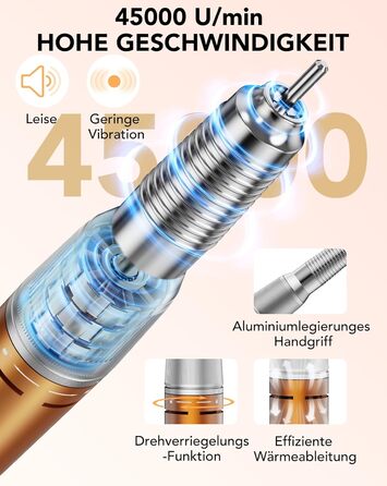 Професійний електричний фрезер для нігтів Nagelfräser 45000 об/хв з педаллю, LCD дисплеєм, 45 швидкостей, F/R, функція паузи, для гель-манікюру, для салону та дому