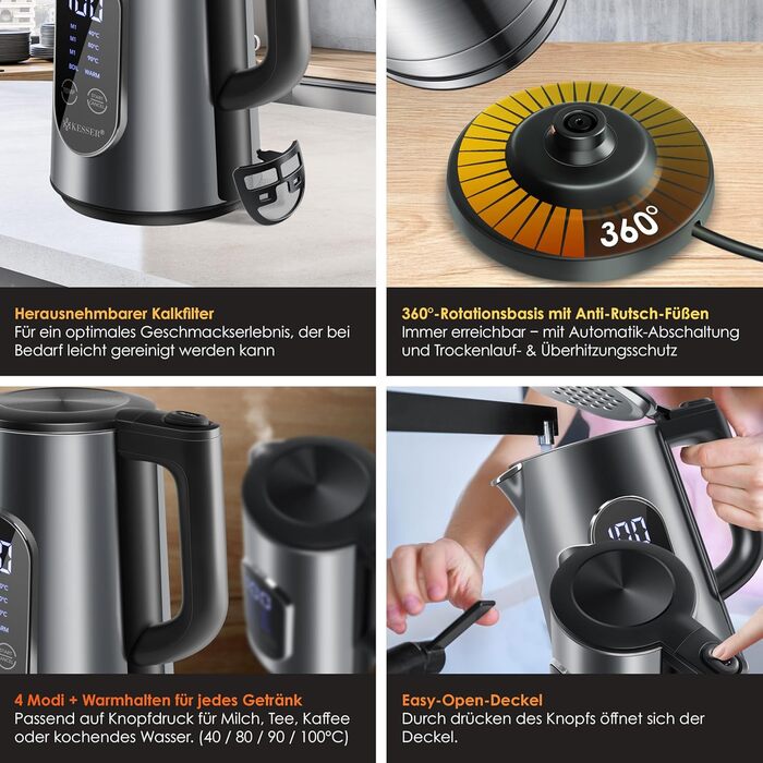 KESSER® Stainless Steel Kettle 1.7 Liter | LED Display | 4-Mode Temperature Setting 40°C-100°C | 30-Minute Keep Warm | Electric Tea Kettle 2200W BPA-Free | Scale Filter & Easy-Open Lid, Anthracite