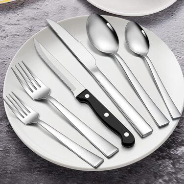 Набір столових приборів Herogo 36-piece (36 шт.) для 6 осіб: набір столових приборів з нержавіючої сталі з ножами для стейку, виделки, ложки для дому, ресторану, безпечний для миття в посудомийній машині (квадратний)