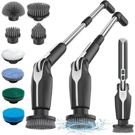 Leebein Electric Cleaning Brush, 2024 New Spin Scrubber with 8 Interchangeable Brush Heads, Remote Control, Adjustable Long Handle 38-132CM & 2 Speeds and for Bathroom (Black)