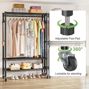 Вішалка для одягу на коліщатках металева з полицею та гачками, чорна 120x45x205 см